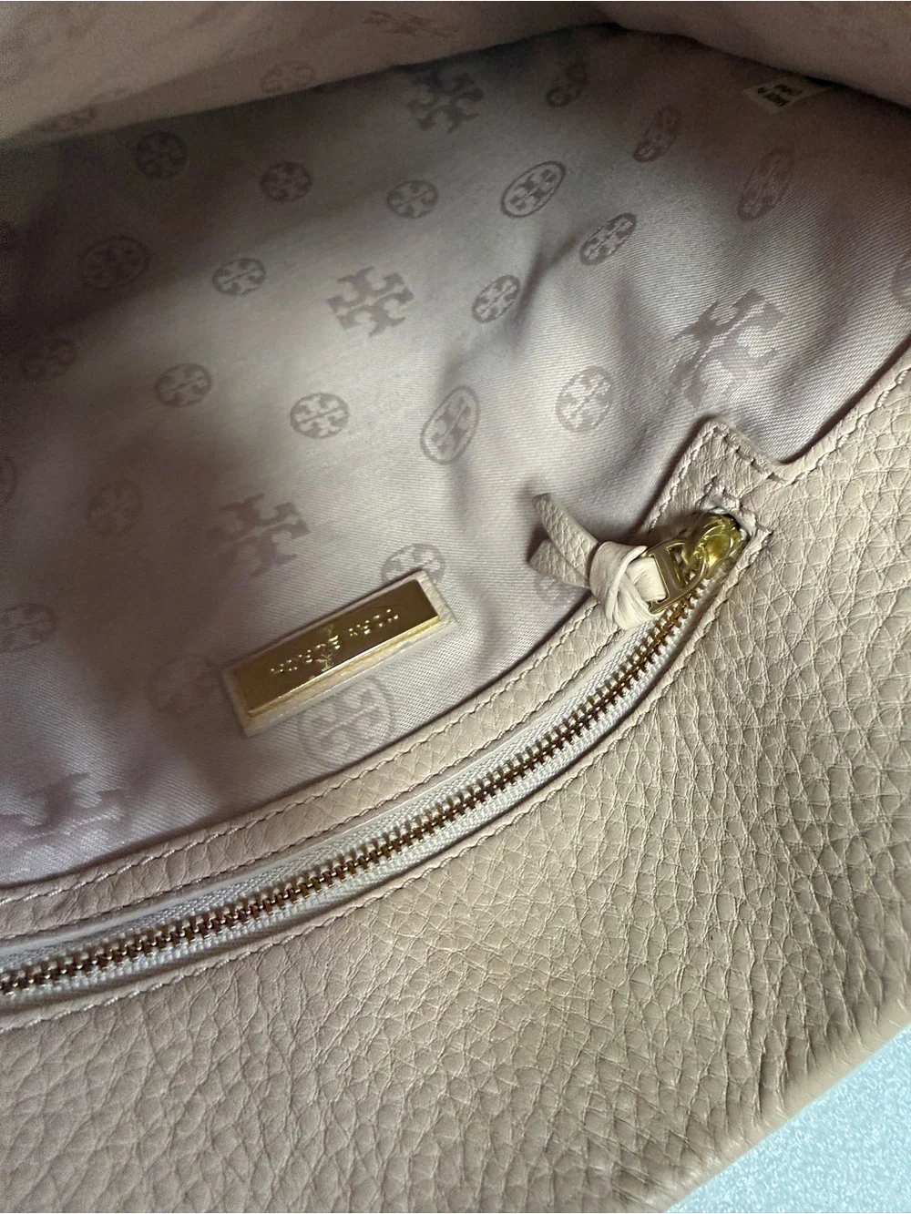 Tory Burch Blush Pink Pebbled Leather Chain Shoulder Tote Bag Gold Logo